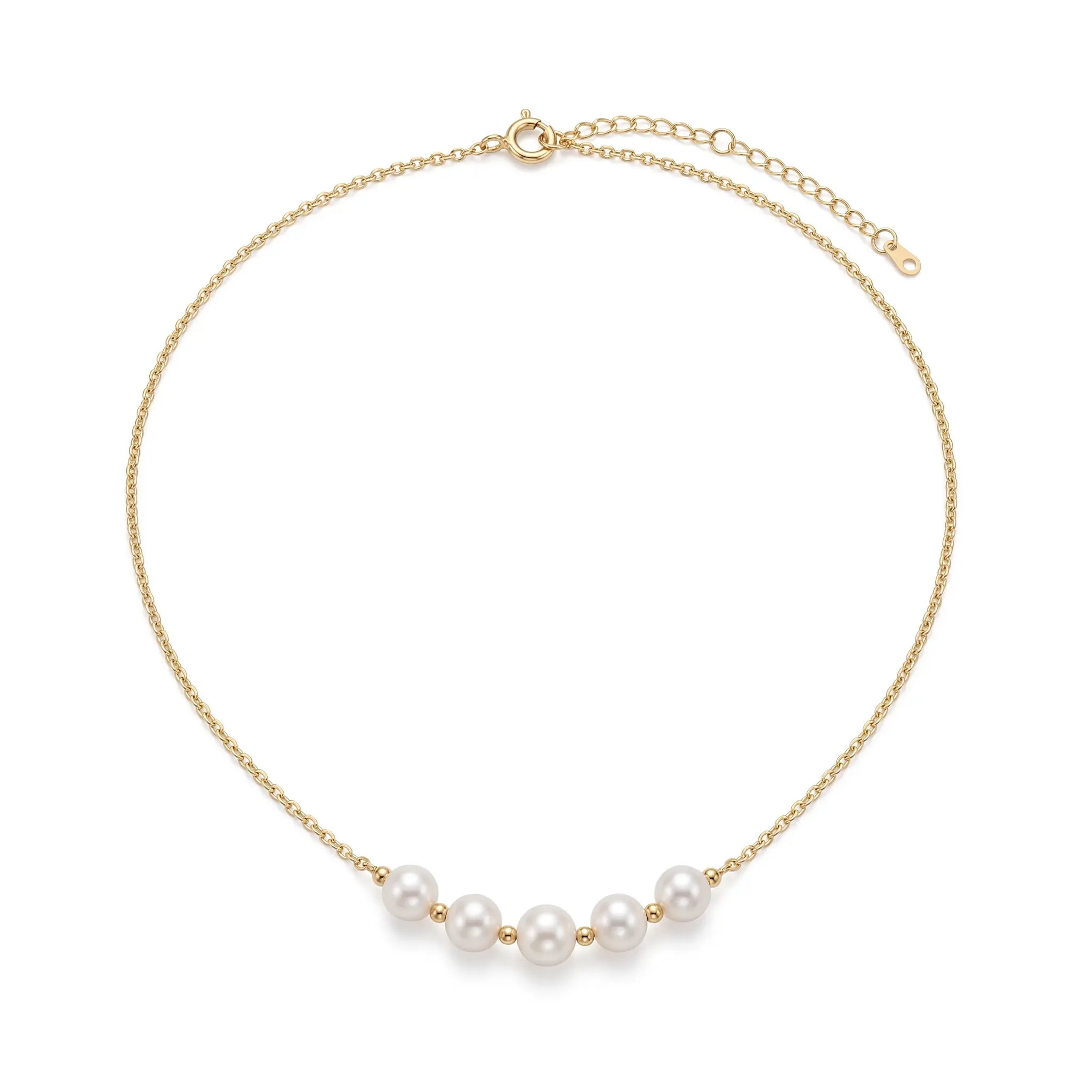 18K Solid Gold Balance Pearl Necklace with 5-5.5mm Freshwater Pearls & Gold Beads