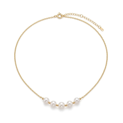 18K Solid Gold Balance Pearl Necklace with 5-5.5mm Freshwater Pearls & Gold Beads