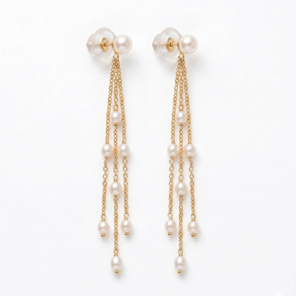 18K Solid Gold Freshwater Pearl Long Drop Earrings