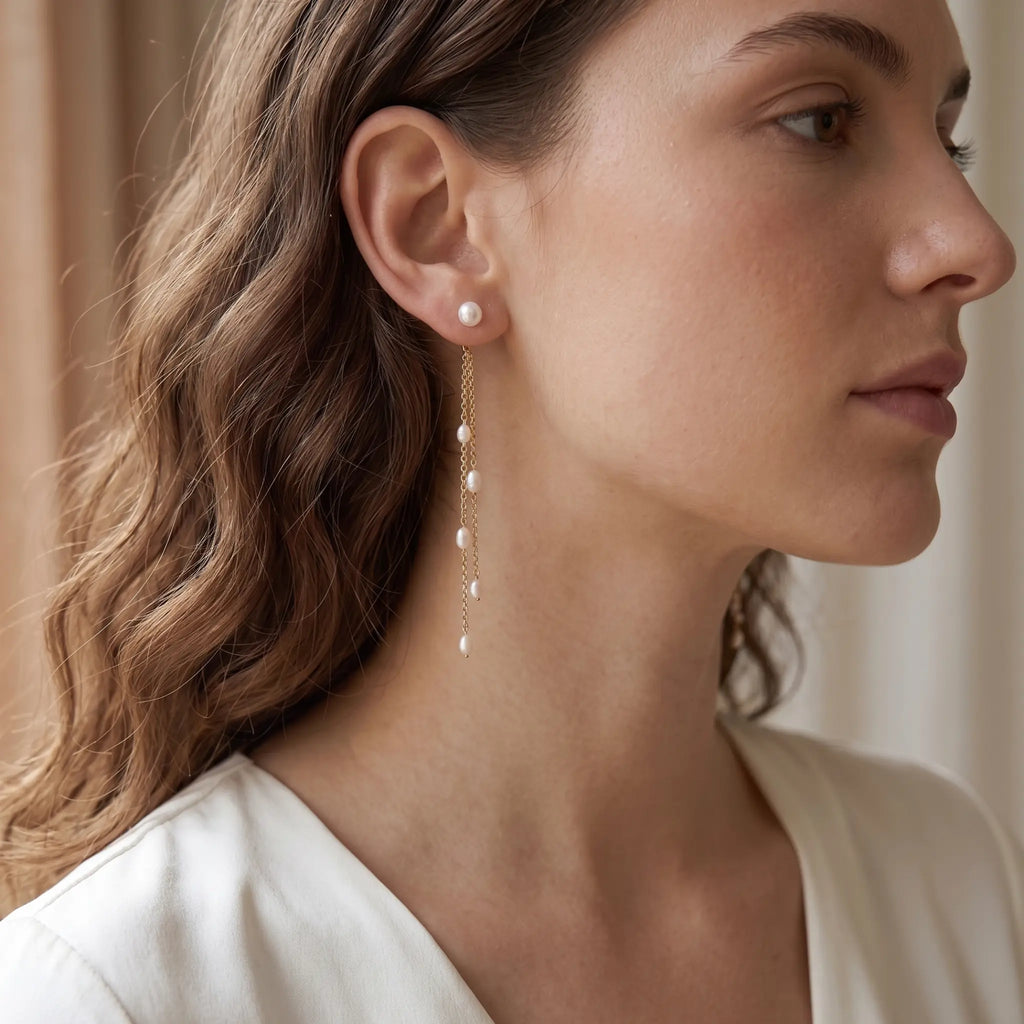 18K Solid Gold Freshwater Pearl Long Drop Earrings