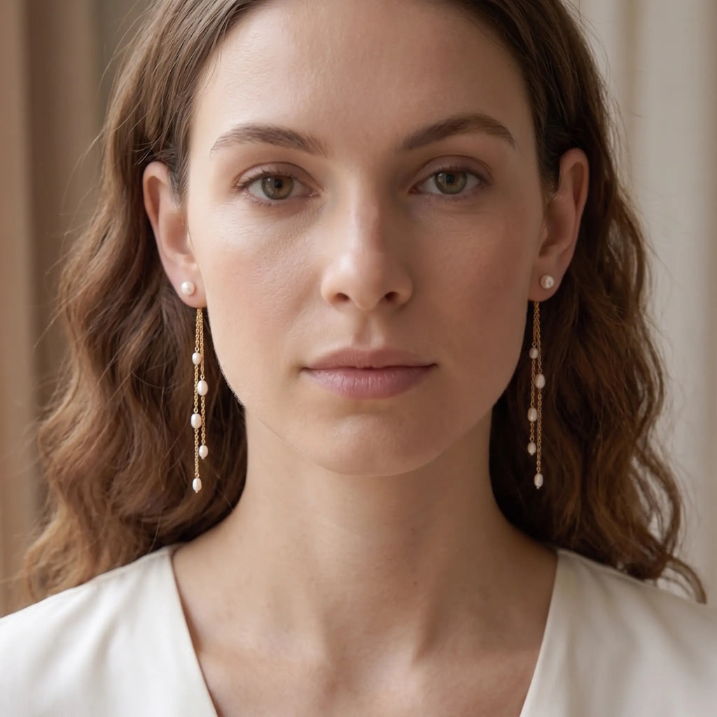 18K Solid Gold Freshwater Pearl Long Drop Earrings
