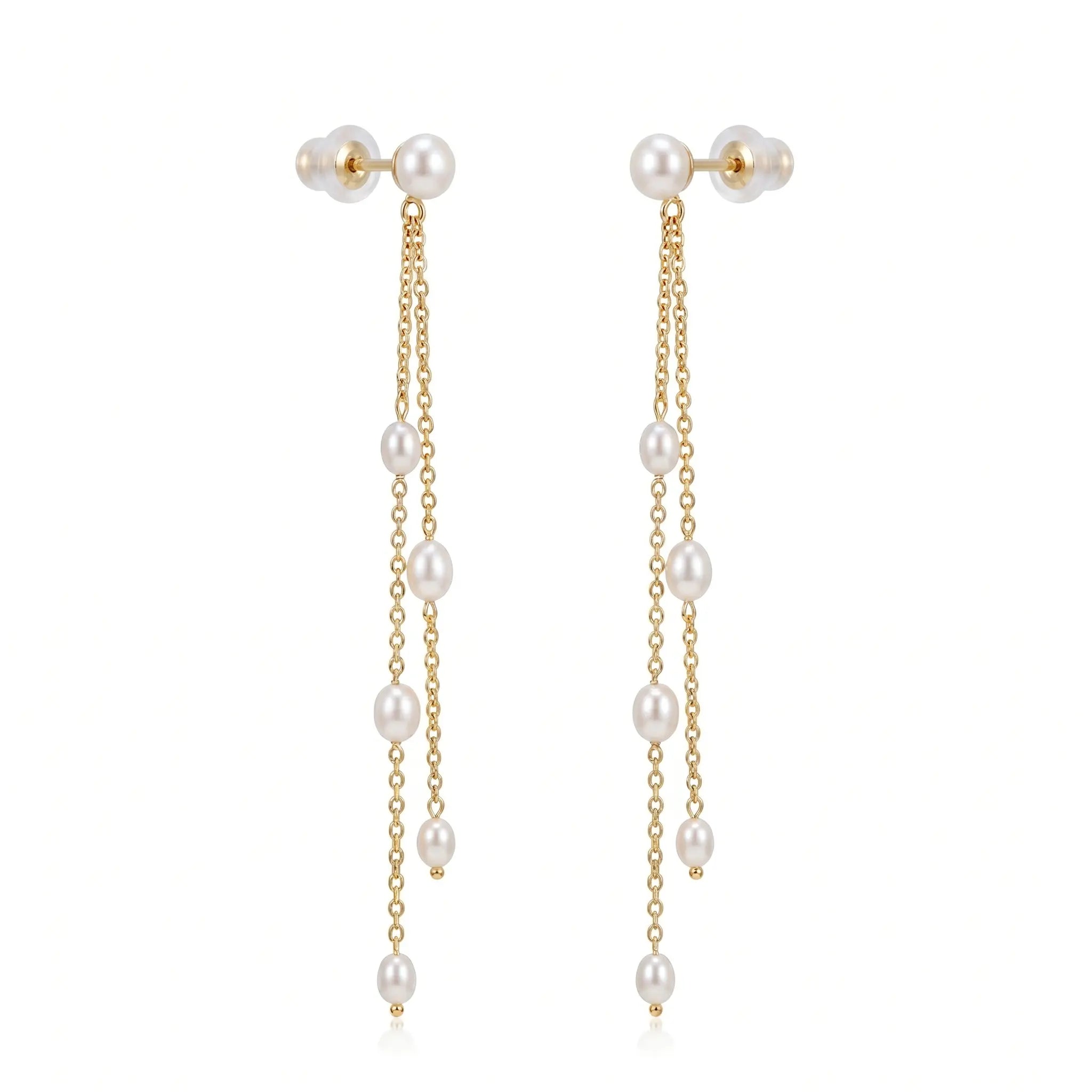 18K Solid Gold Tiny Rice Pearl Tassel Long Drop Earrings