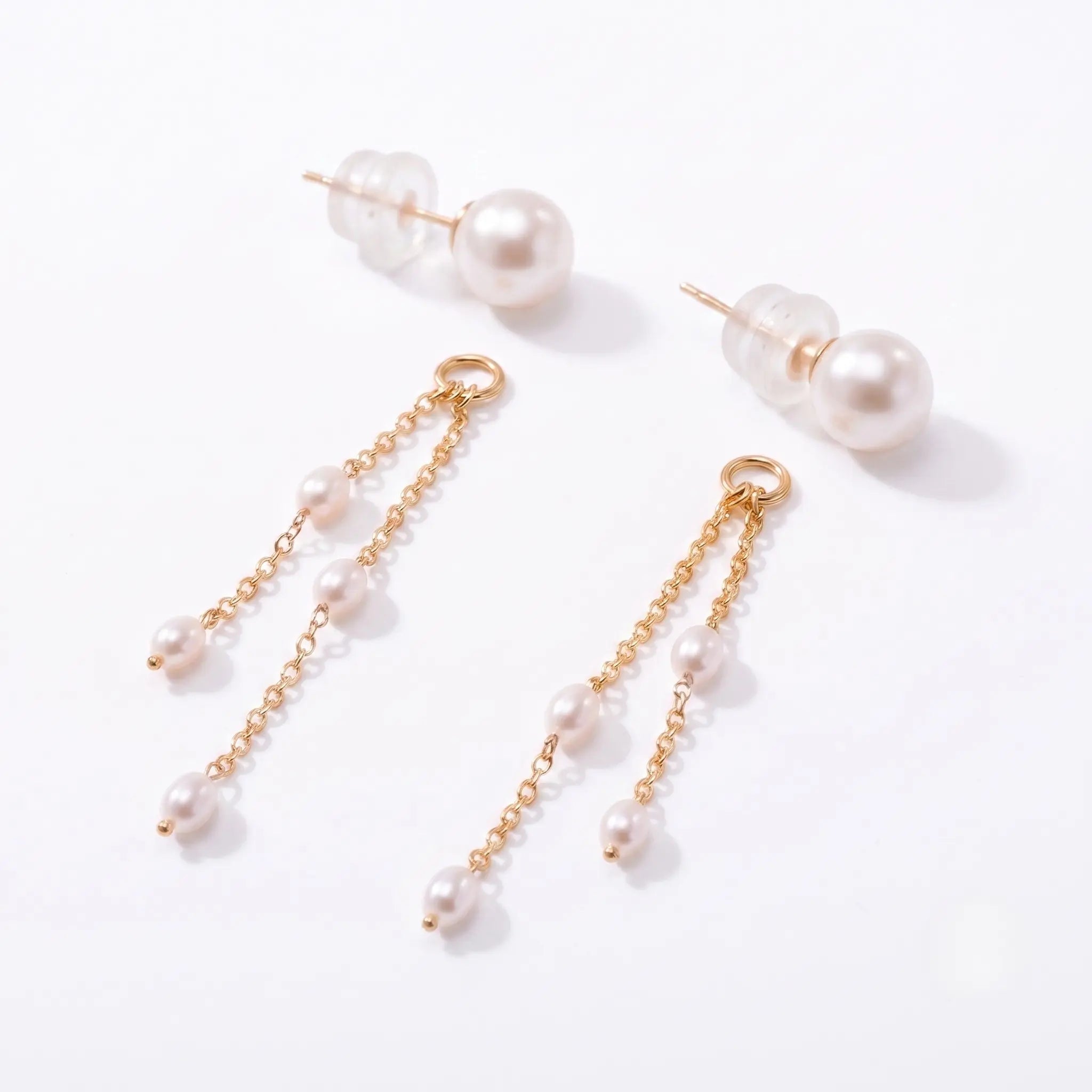 18K Solid Gold 2-in-1 Convertible Pearl Tassel Earrings 3-4mm Tiny Rice Pearl Dangle Earrings for Women