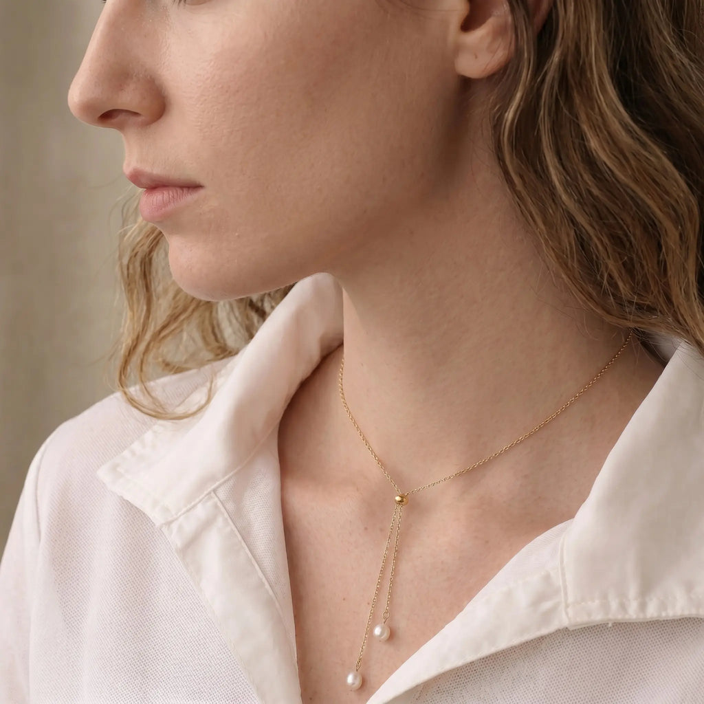 Fine Jewelry 18K Solid Gold Lariat Double Pearl Tassel Drop Pendant Choker Necklace for Women
