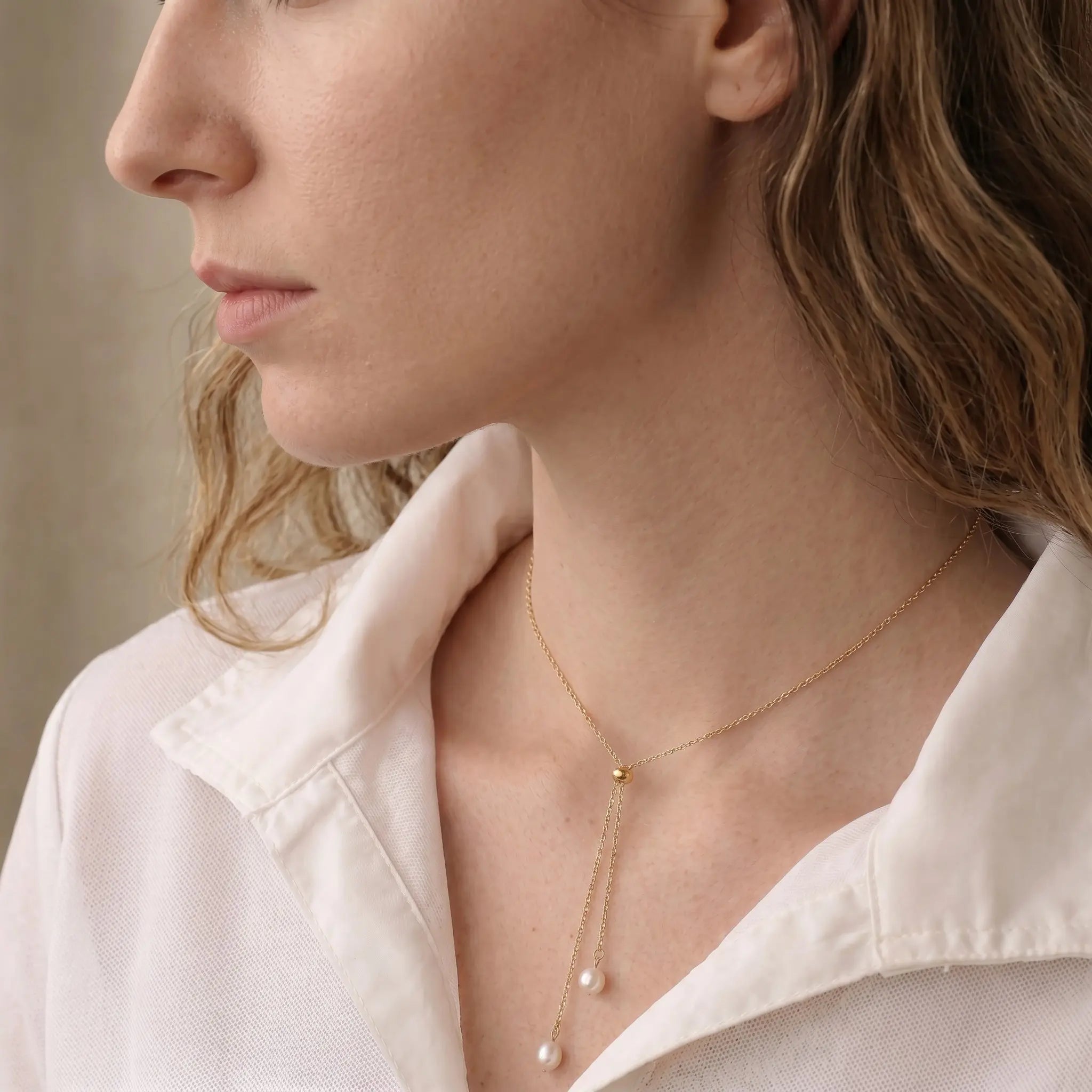Fine Jewelry 18K Solid Gold Lariat Double Pearl Tassel Drop Pendant Choker Necklace for Women