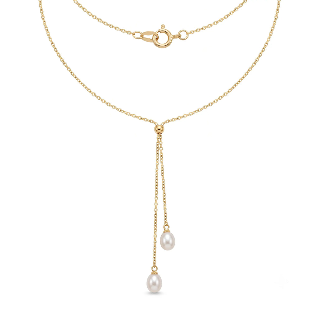 Fine Jewelry 18K Solid Gold Lariat Double Pearl Tassel Drop Pendant Choker Necklace for Women