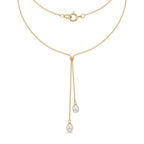 Fine Jewelry 18K Solid Gold Lariat Double Pearl Tassel Drop Pendant Choker Necklace for Women