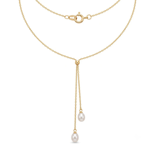 18K solid gold freshwater pearl lariat necklace featuring two luminous pearls and an adjustable Y-shaped tassel design.