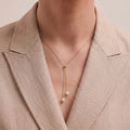 18K Solid Gold Lariat Double Pearl Tassel Drop Pendant Choker Necklace