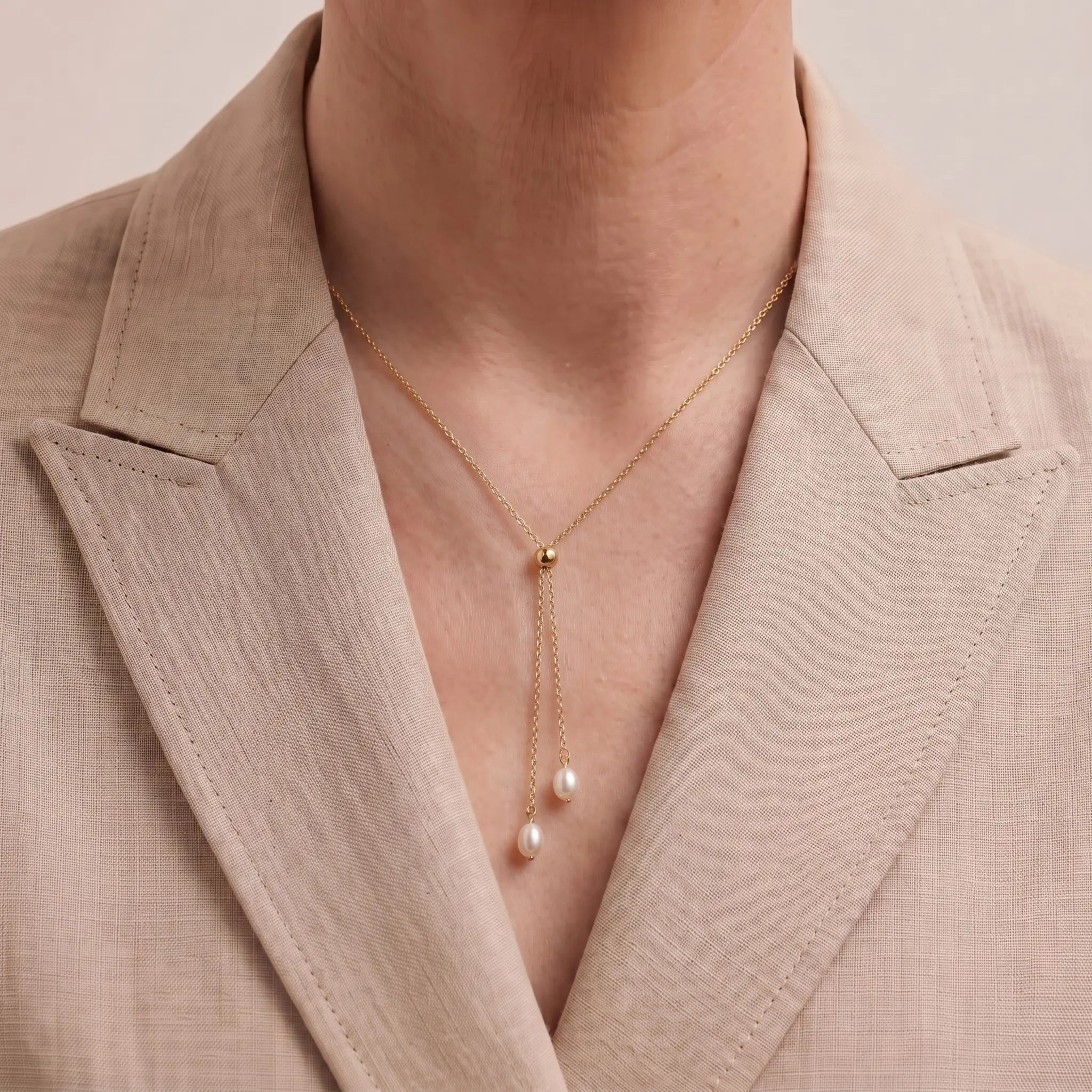 18K Solid Gold Lariat Double Pearl Tassel Drop Pendant Choker Necklace