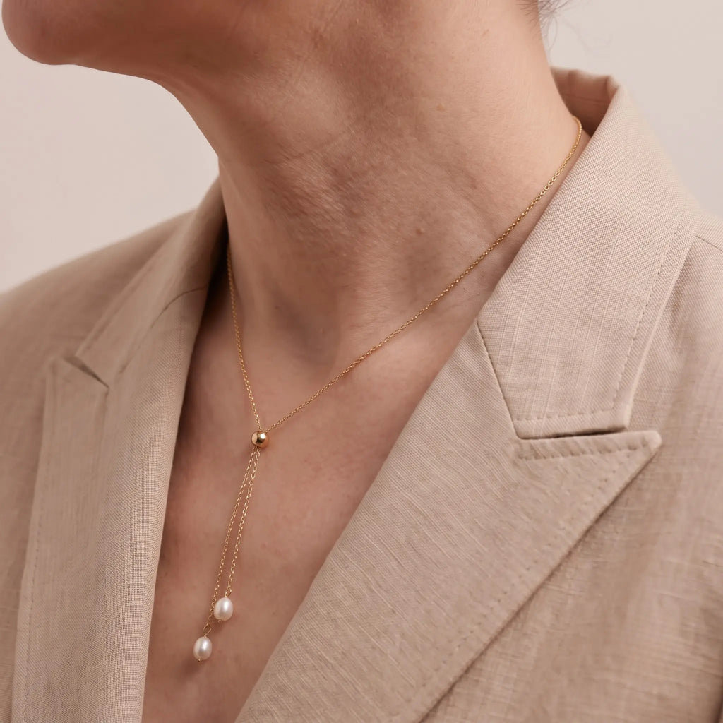 18K Solid Gold Lariat Double Pearl Tassel Drop Pendant Choker Necklace