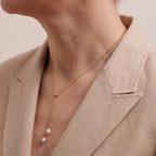 18K Solid Gold Lariat Double Pearl Tassel Drop Pendant Choker Necklace
