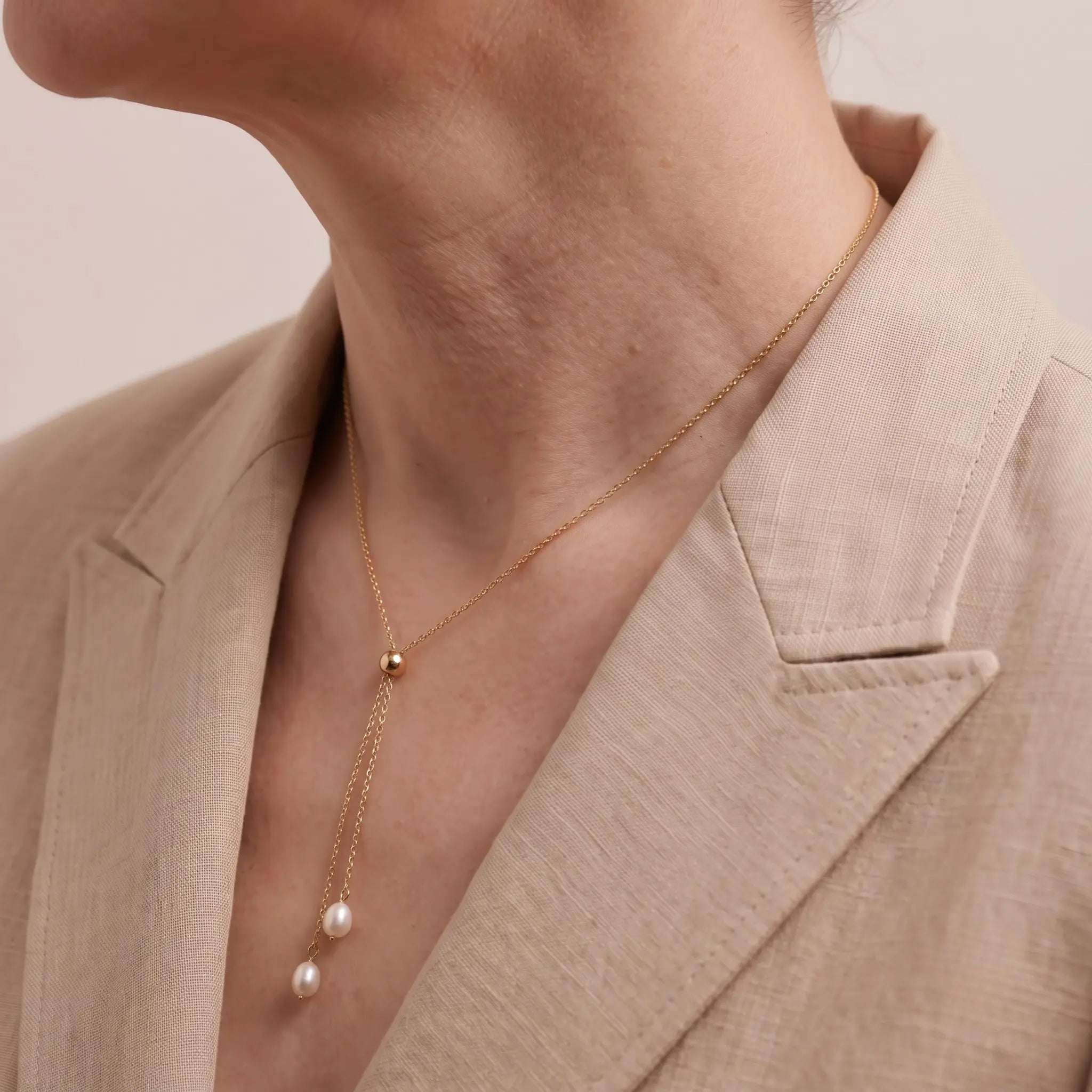 18K Solid Gold Lariat Double Pearl Tassel Drop Pendant Choker Necklace