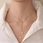 Fine Jewelry 18K Solid Gold Lariat Double Pearl Tassel Drop Pendant Choker Necklace for Women
