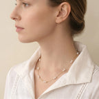 18K Solid Gold Pearl Station Necklace - Dainty 4-4.5mm Round Freshwater Pearl Tin Cup Chain for Women