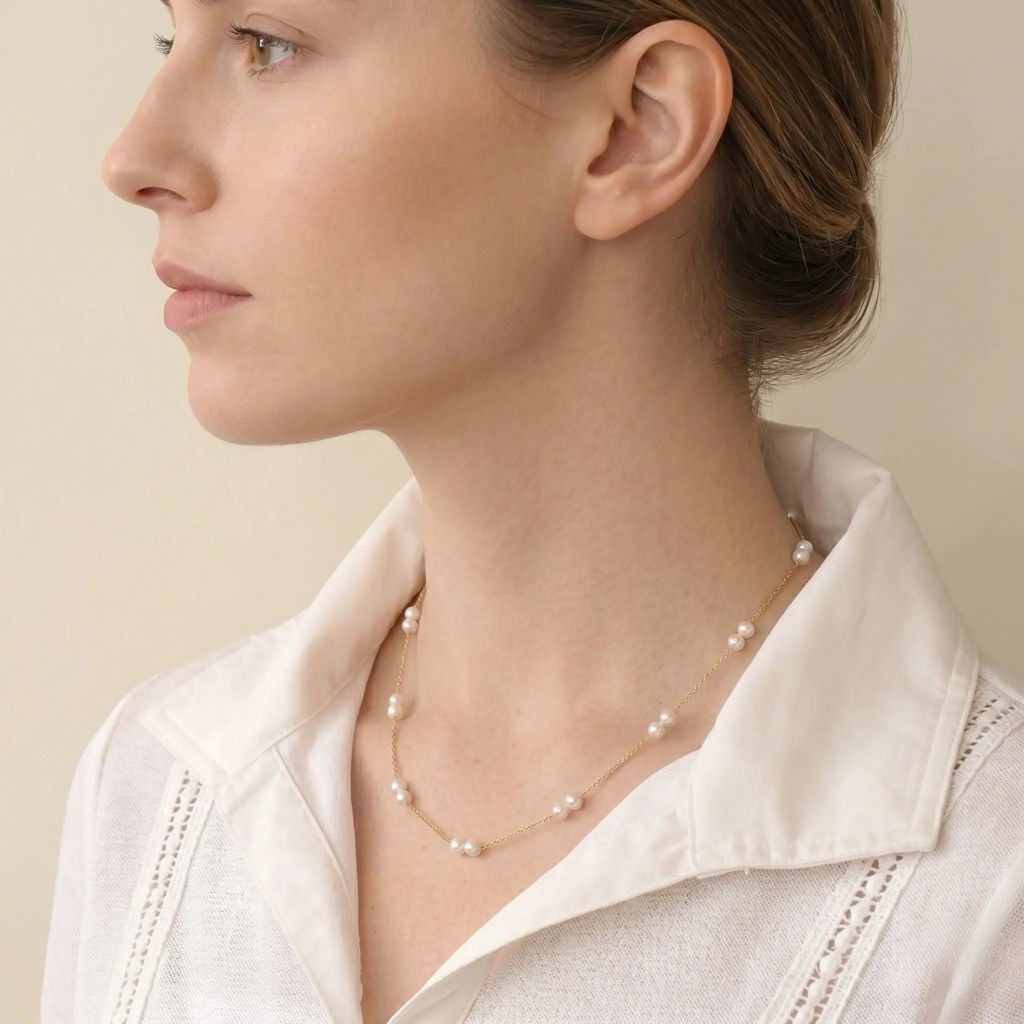 18K Solid Gold Pearl Station Necklace - Dainty 4-4.5mm Round Freshwater Pearl Tin Cup Chain for Women