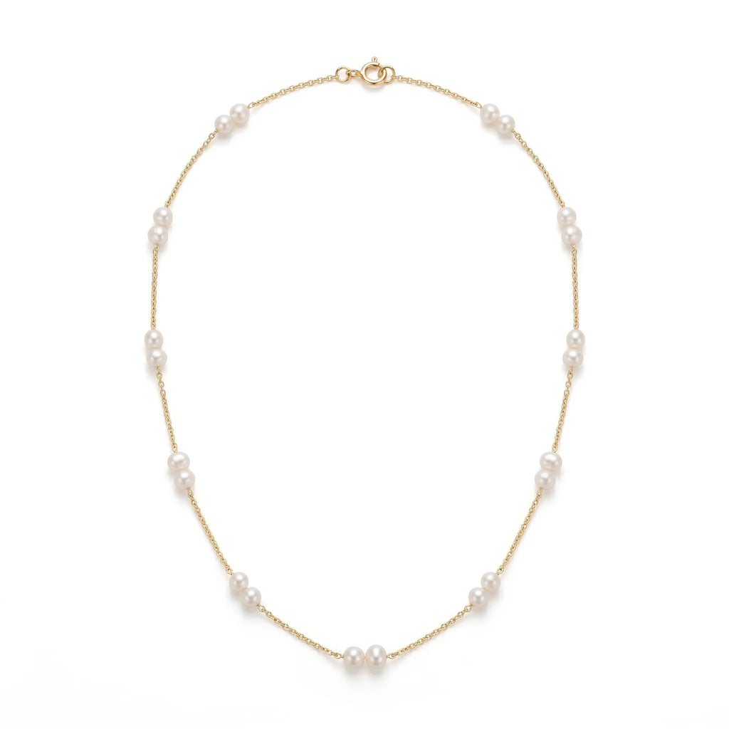 18K Solid Gold Pearl Station Necklace - Dainty 4-4.5mm Round Freshwater Pearl Tin Cup Chain for Women