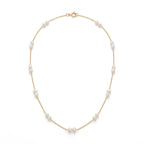 18K Solid Gold Pearl Station Necklace - Dainty 4-4.5mm Round Freshwater Pearl Tin Cup Chain for Women