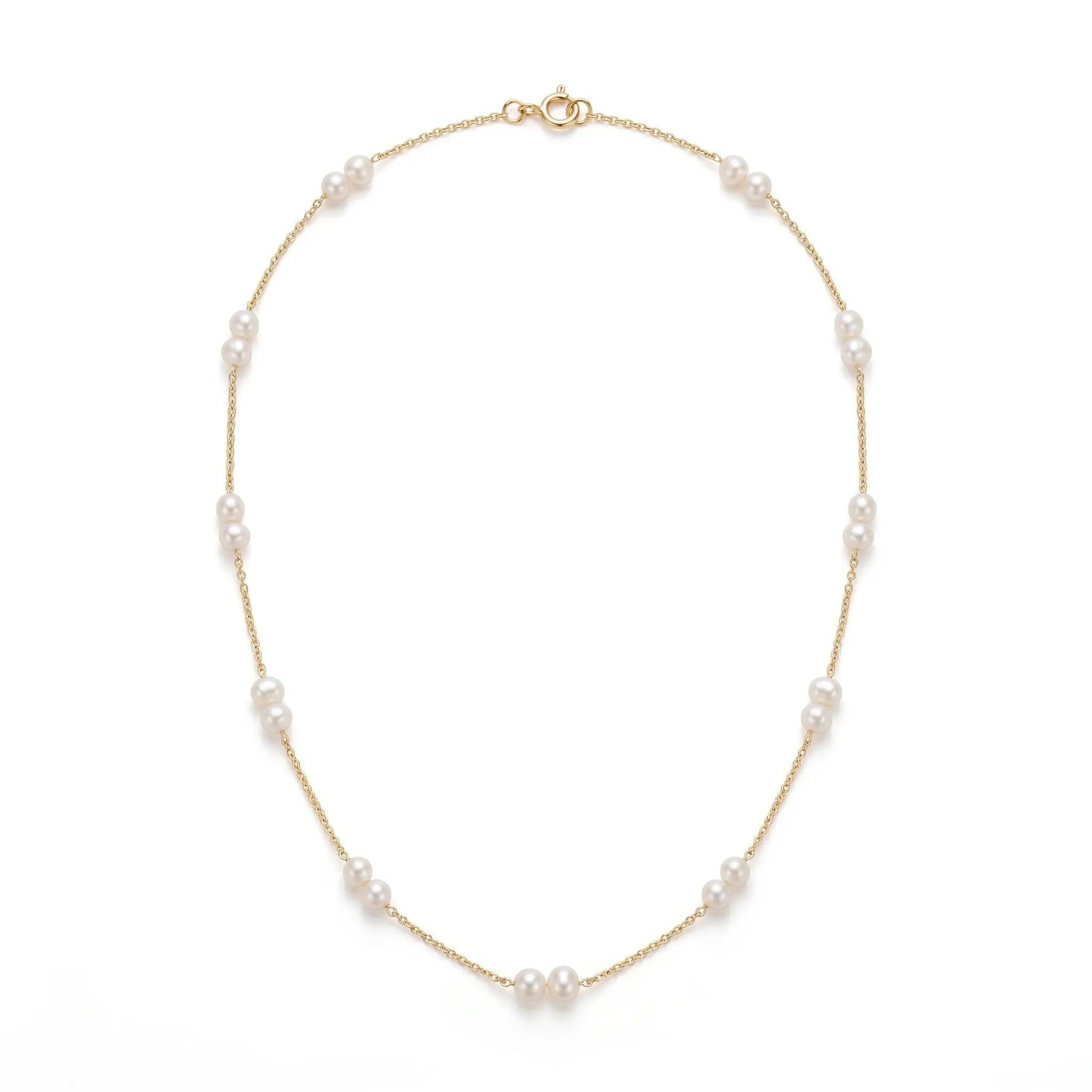 18K Solid Gold Pearl Station Necklace - Dainty 4-4.5mm Round Freshwater Pearl Tin Cup Chain for Women