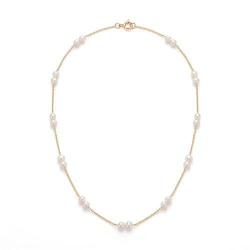 18K Solid Gold Pearl Station Necklace - Dainty 4-4.5mm Round Freshwater Pearl Tin Cup Chain for Women
