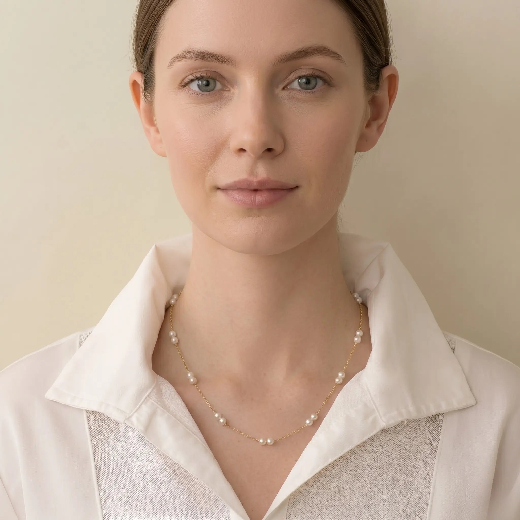 18K Solid Gold Pearl Station Necklace - Dainty 4-4.5mm Round Freshwater Pearl Tin Cup Chain for Women
