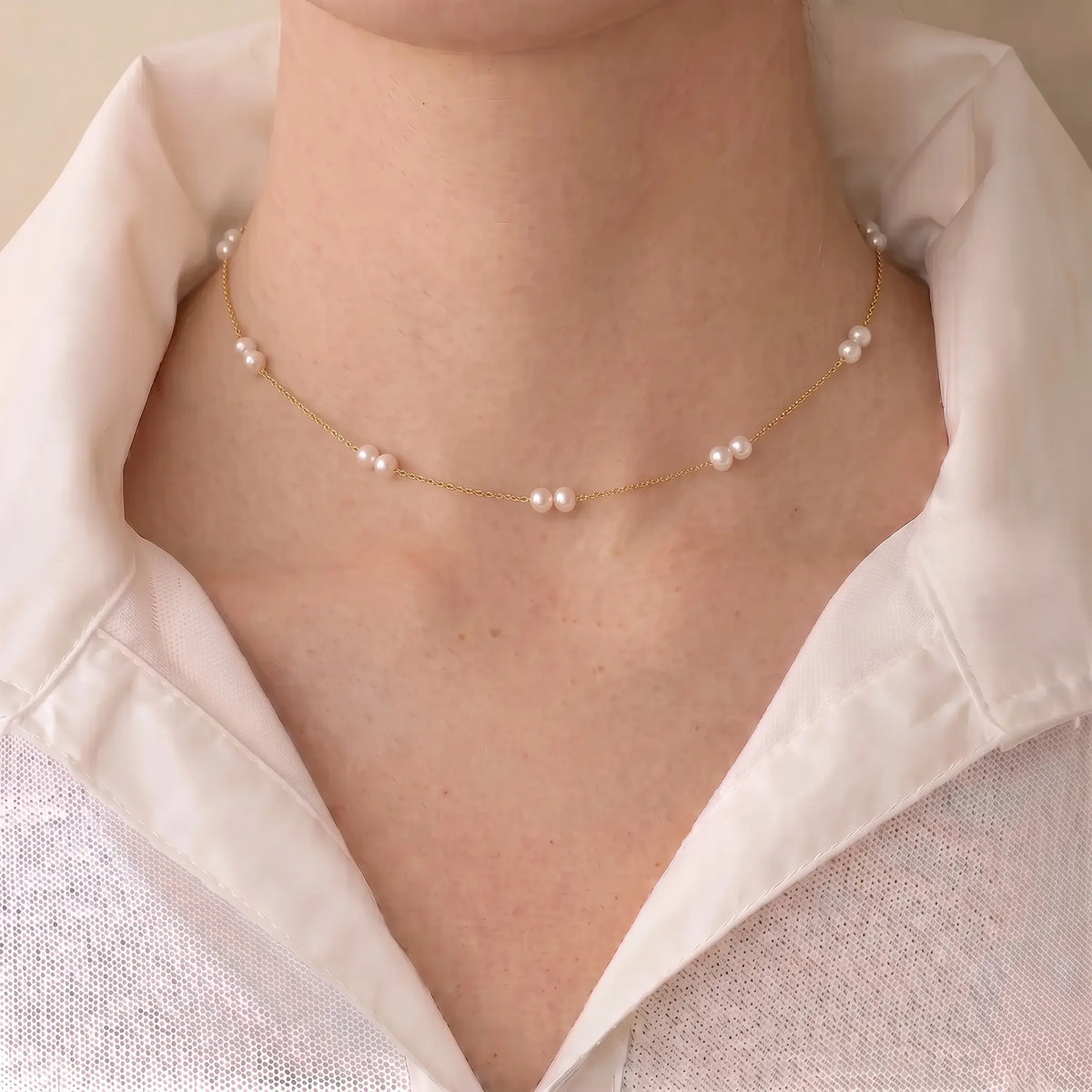 18K Solid Gold 3–3.5mm AAA+ Japanese Akoya Pearl Station Necklace