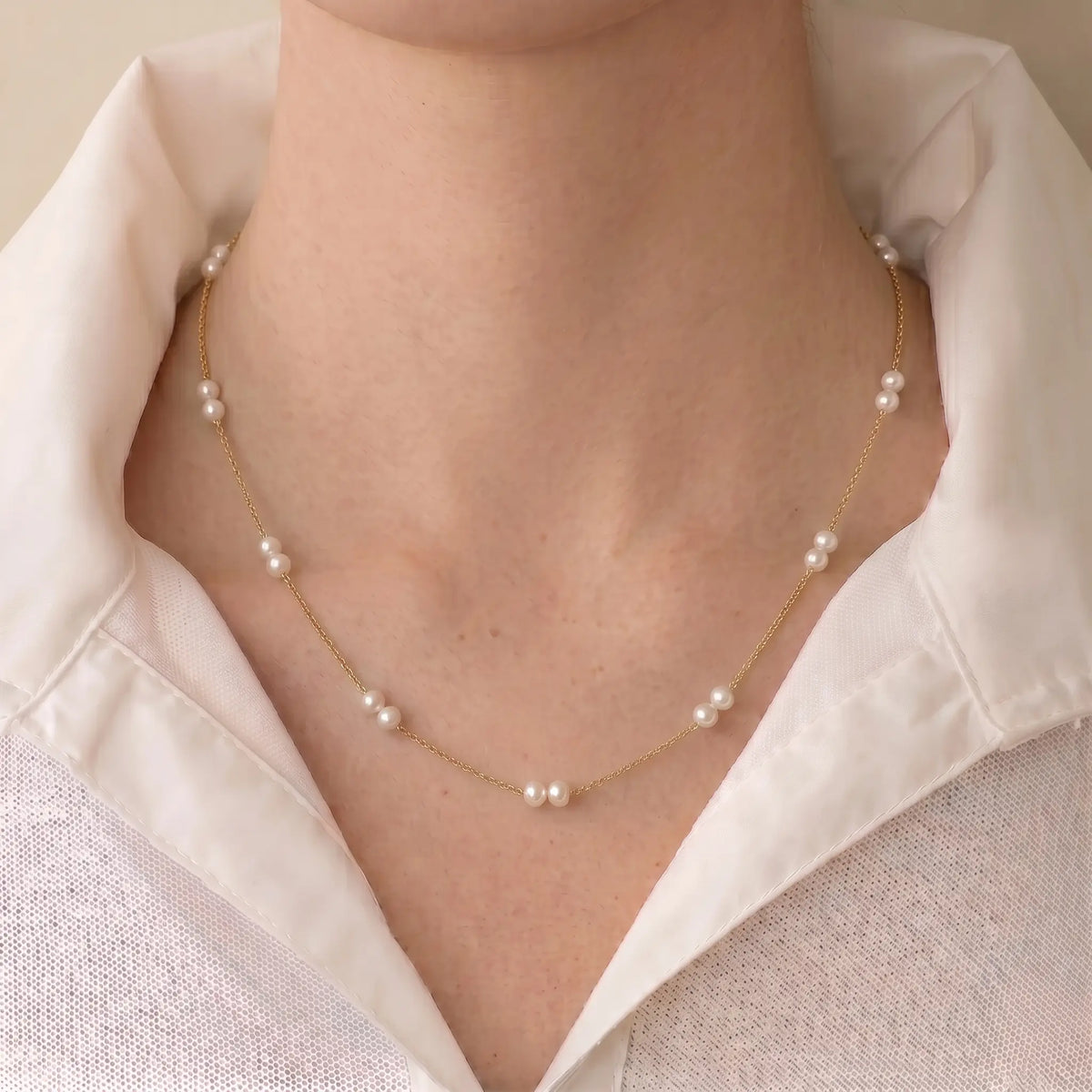18K Solid Gold Dainty 3-3.5mm Freshwater Pearl Station Necklace for Women