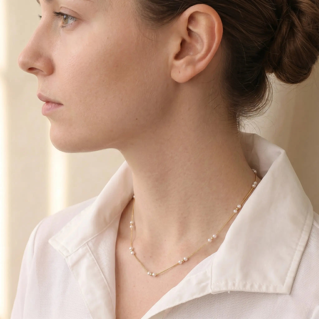 18K Solid Gold Pearl Station Necklace with Gold Beads 3-3.5mm Real Freshwater Pearl Choker