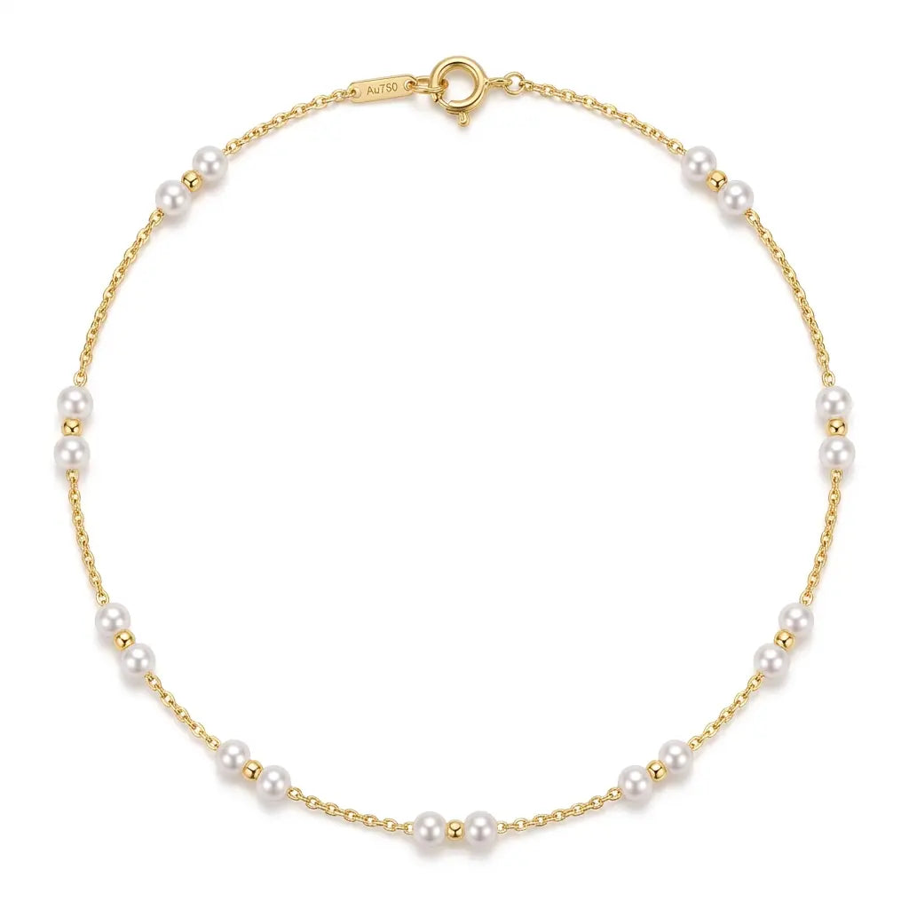 18K Solid Gold Freshwater Pearl Station Necklace 3-3.5mm AAA Pearls for Women