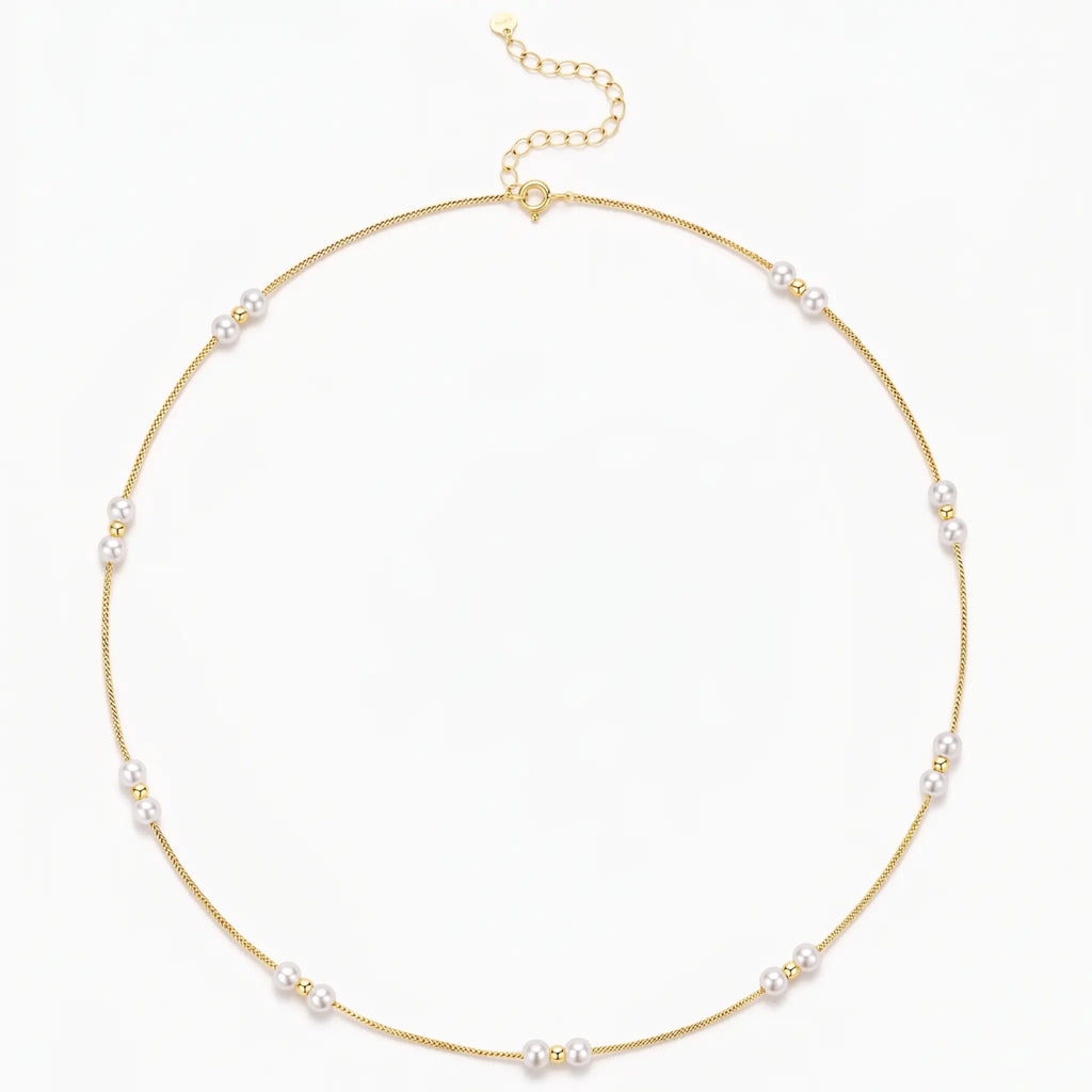 18K Solid Gold Pearl Station Necklace with Gold Beads 3-3.5mm Real Freshwater Pearl Choker