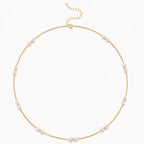 18K Solid Gold Pearl Station Necklace with Gold Beads 3-3.5mm Real Freshwater Pearl Choker