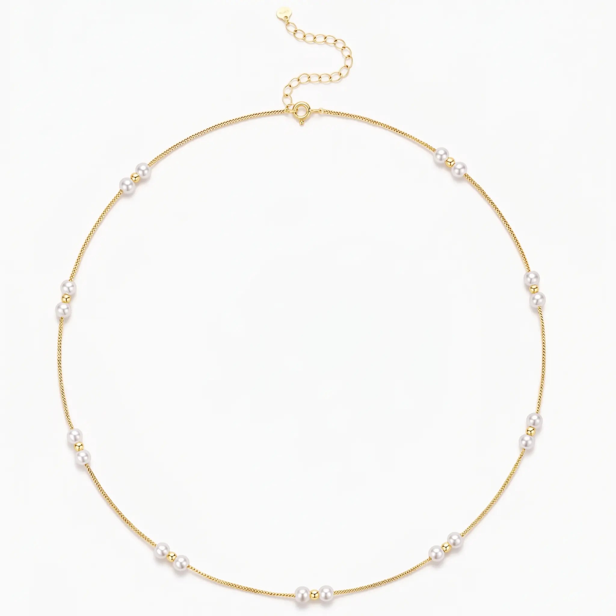 18K Solid Gold Pearl Station Necklace with Gold Beads 3-3.5mm Real Freshwater Pearl Choker