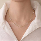 18K Solid Gold Pearl Station Necklace with Gold Beads 3-3.5mm Real Freshwater Pearl Choker