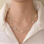 18K Solid Gold Pearl Station Necklace - Dainty 4-4.5mm Round Freshwater Pearl Tin Cup Chain for Women