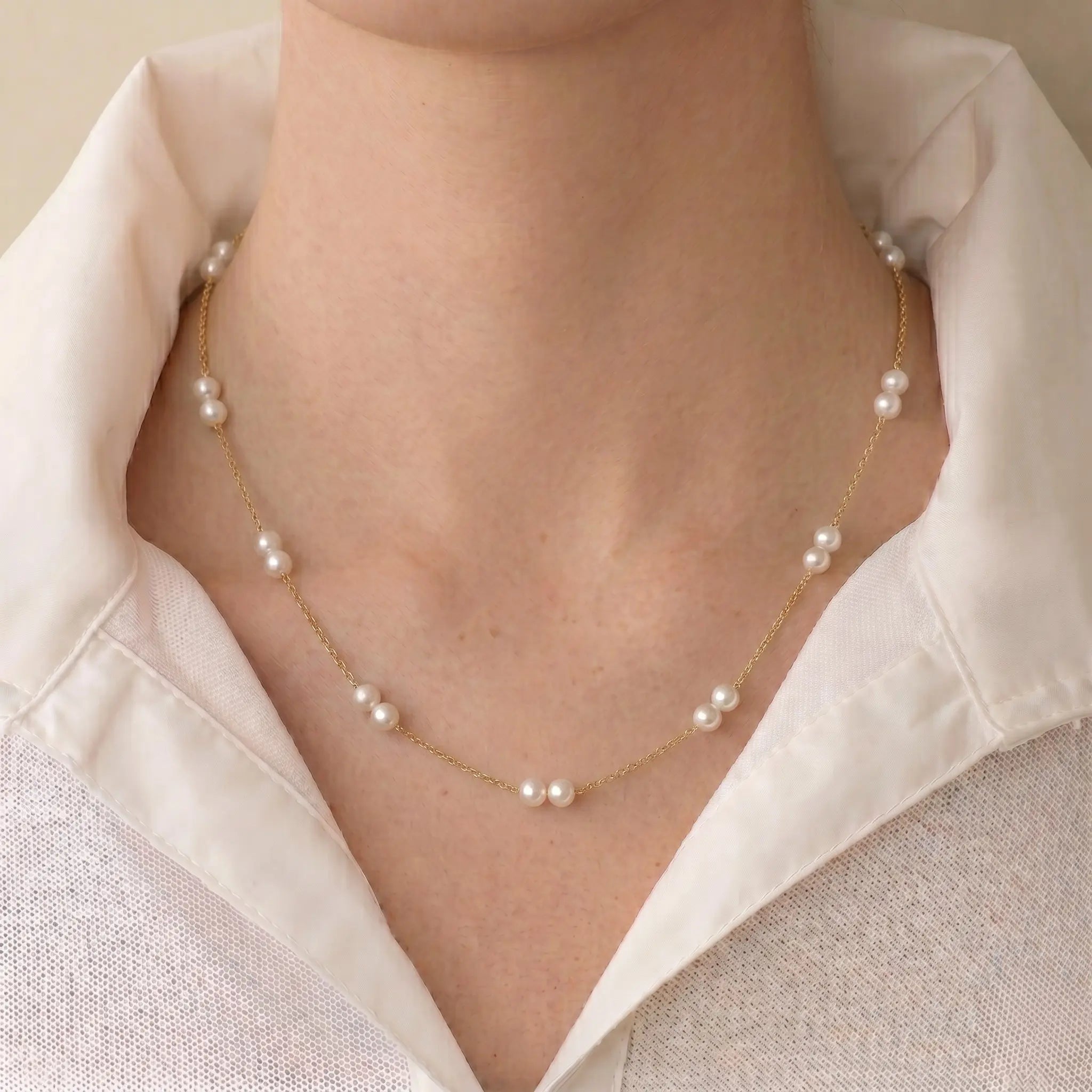 18K Solid Gold Pearl Station Necklace - Dainty 4-4.5mm Round Freshwater Pearl Tin Cup Chain for Women