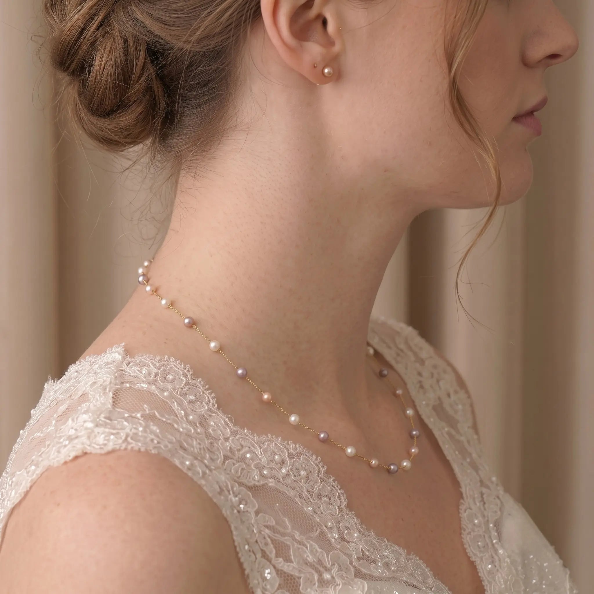 18K Solid Gold Pink Pearl Choker 3-3.5mm Freshwater Pearl Station Chain for Bridal & Wedding