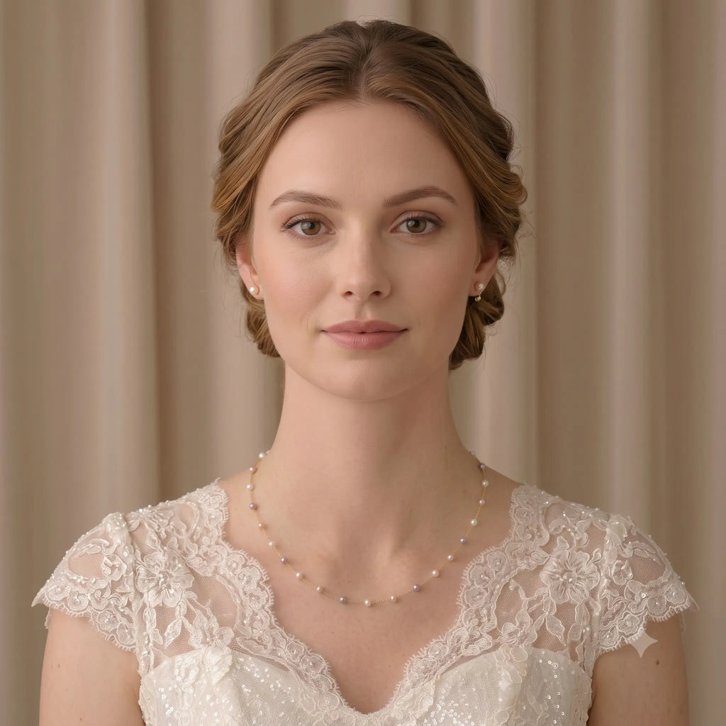 18K Solid Gold Pink Pearl Choker 3-3.5mm Freshwater Pearl Station Chain for Bridal & Wedding