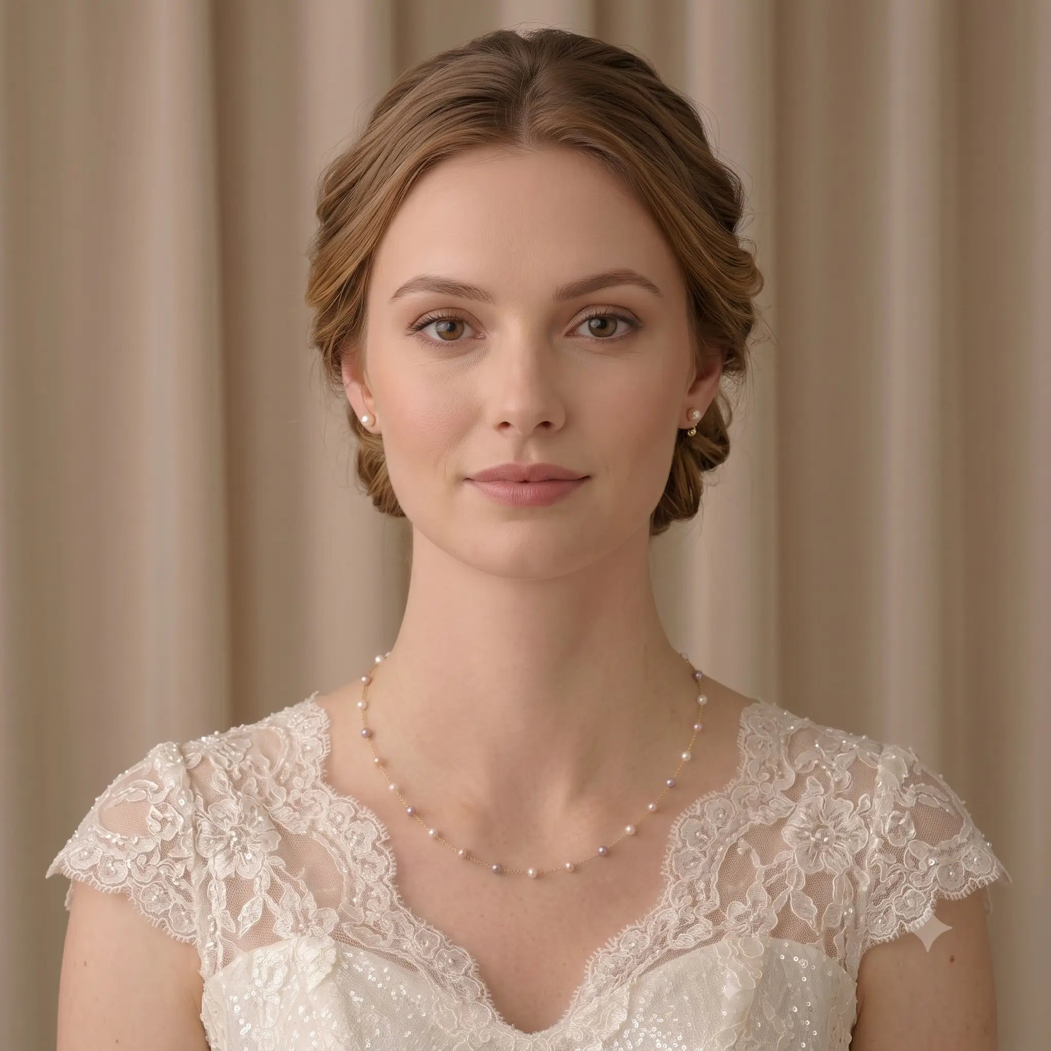 18K Solid Gold Pink Pearl Choker 3-3.5mm Freshwater Pearl Station Chain for Bridal & Wedding