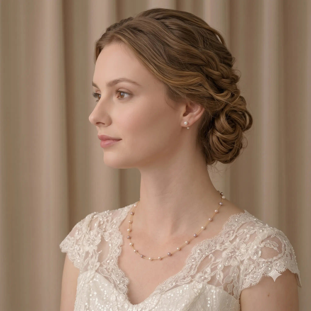 18K Solid Gold Pink Pearl Choker 3-3.5mm Freshwater Pearl Station Chain for Bridal & Wedding