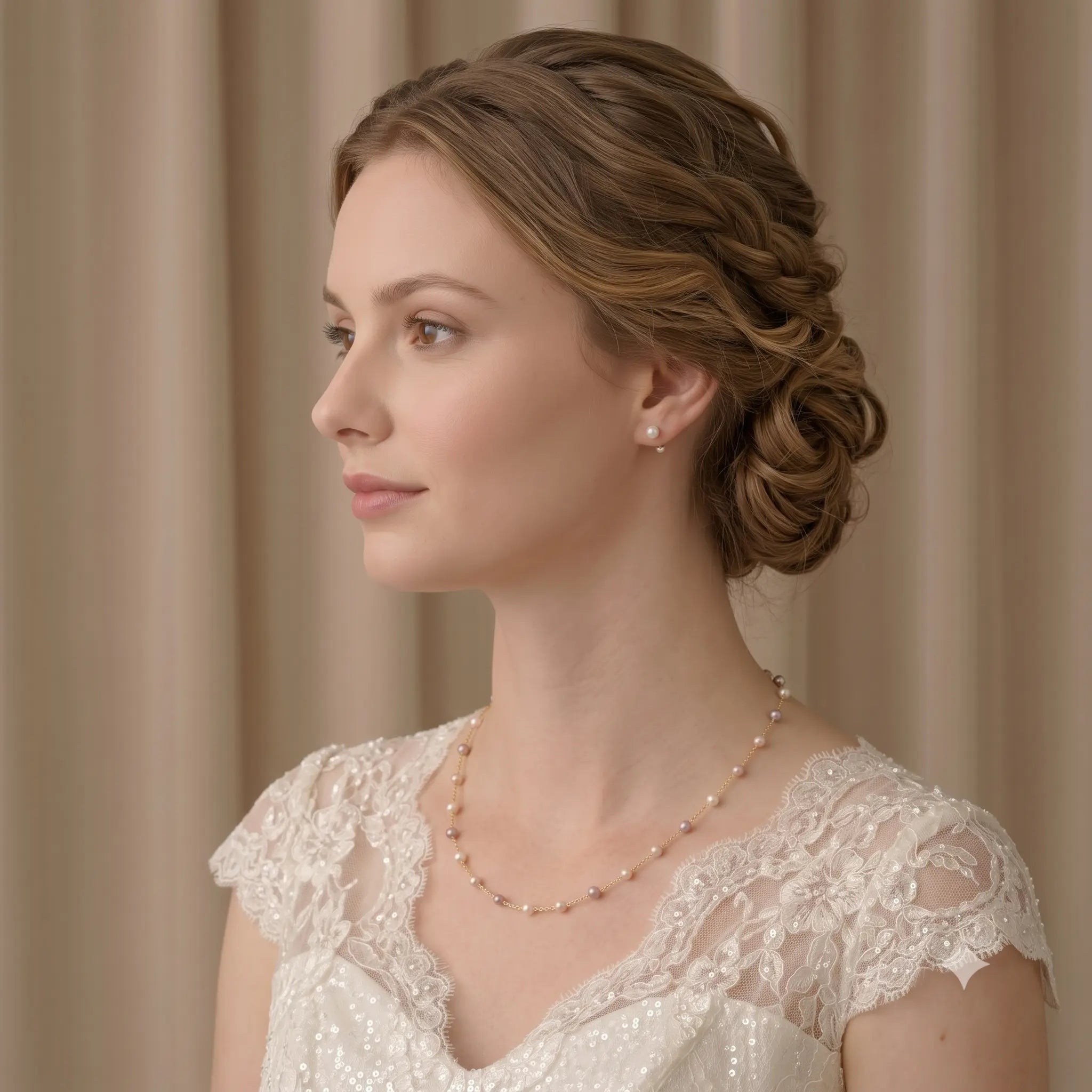 18K Solid Gold Pink Pearl Choker 3-3.5mm Freshwater Pearl Station Chain for Bridal & Wedding