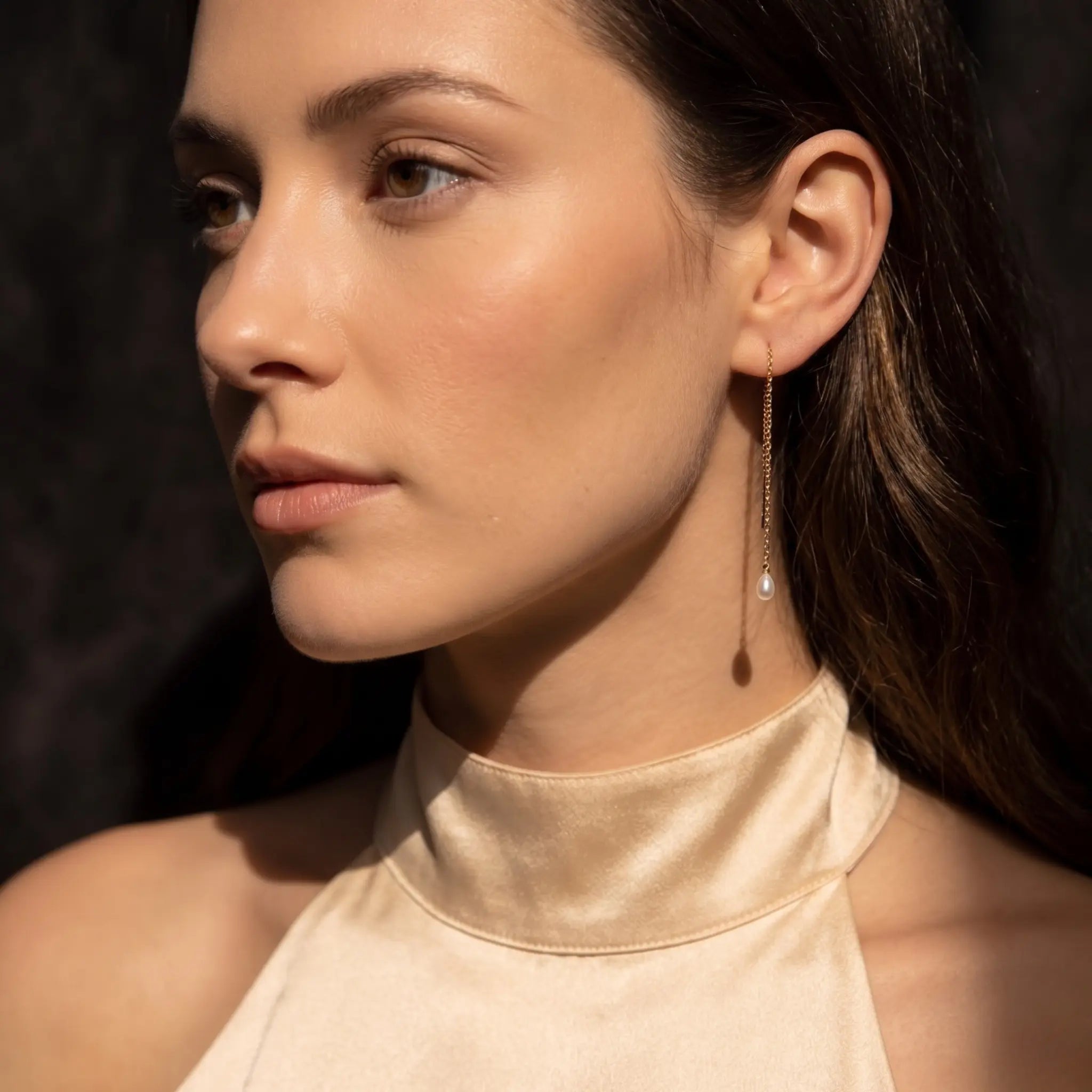 18K Solid Gold Tiny Rice Pearl Threader Earrings