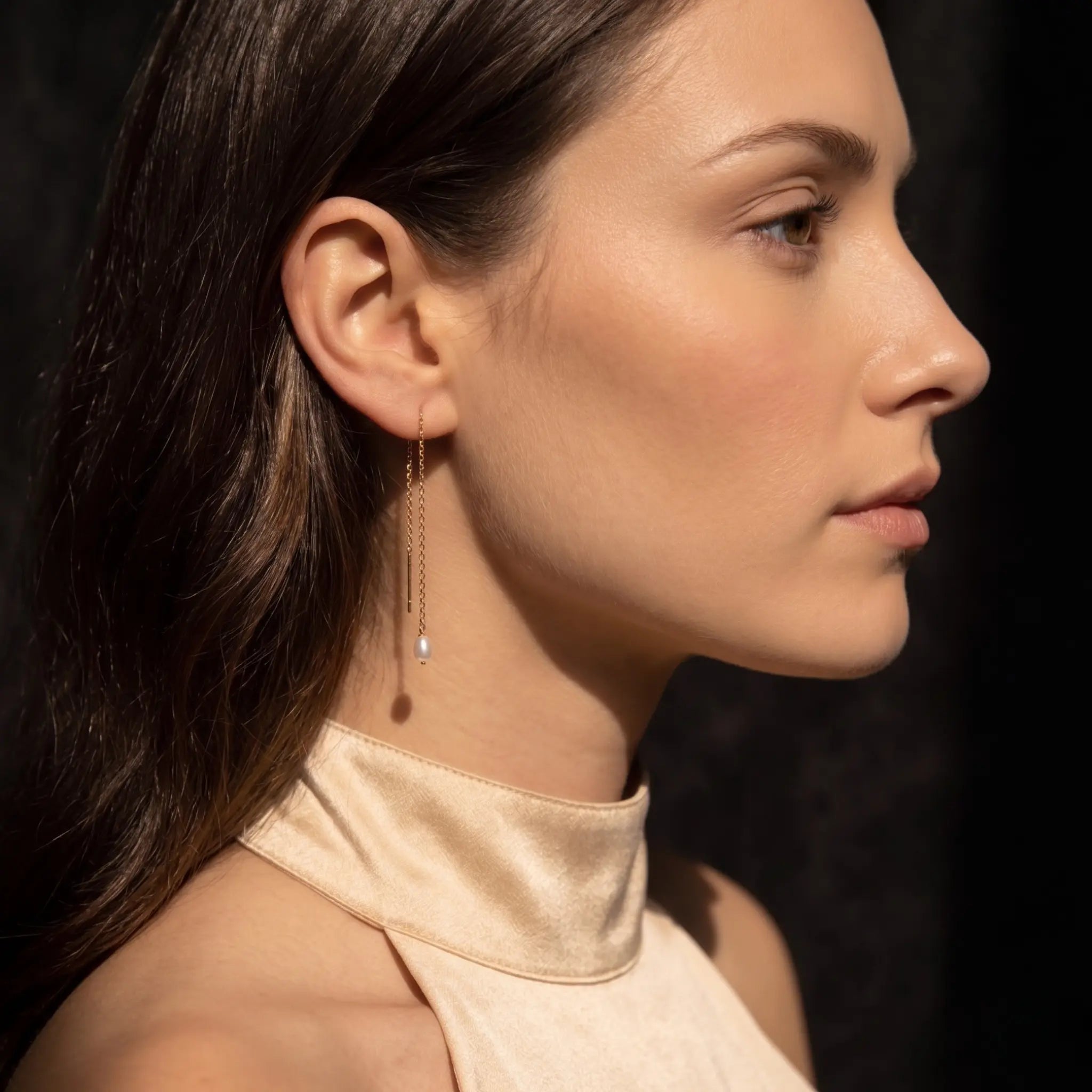 18K Solid Gold Tiny Rice Pearl Threader Earrings