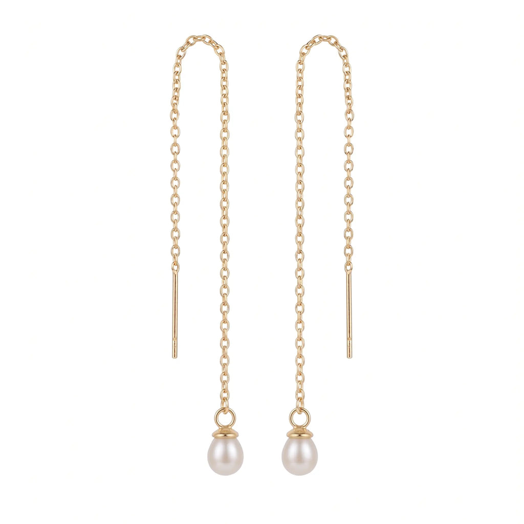 18K Solid Gold Tiny Rice Pearl Threader Earrings