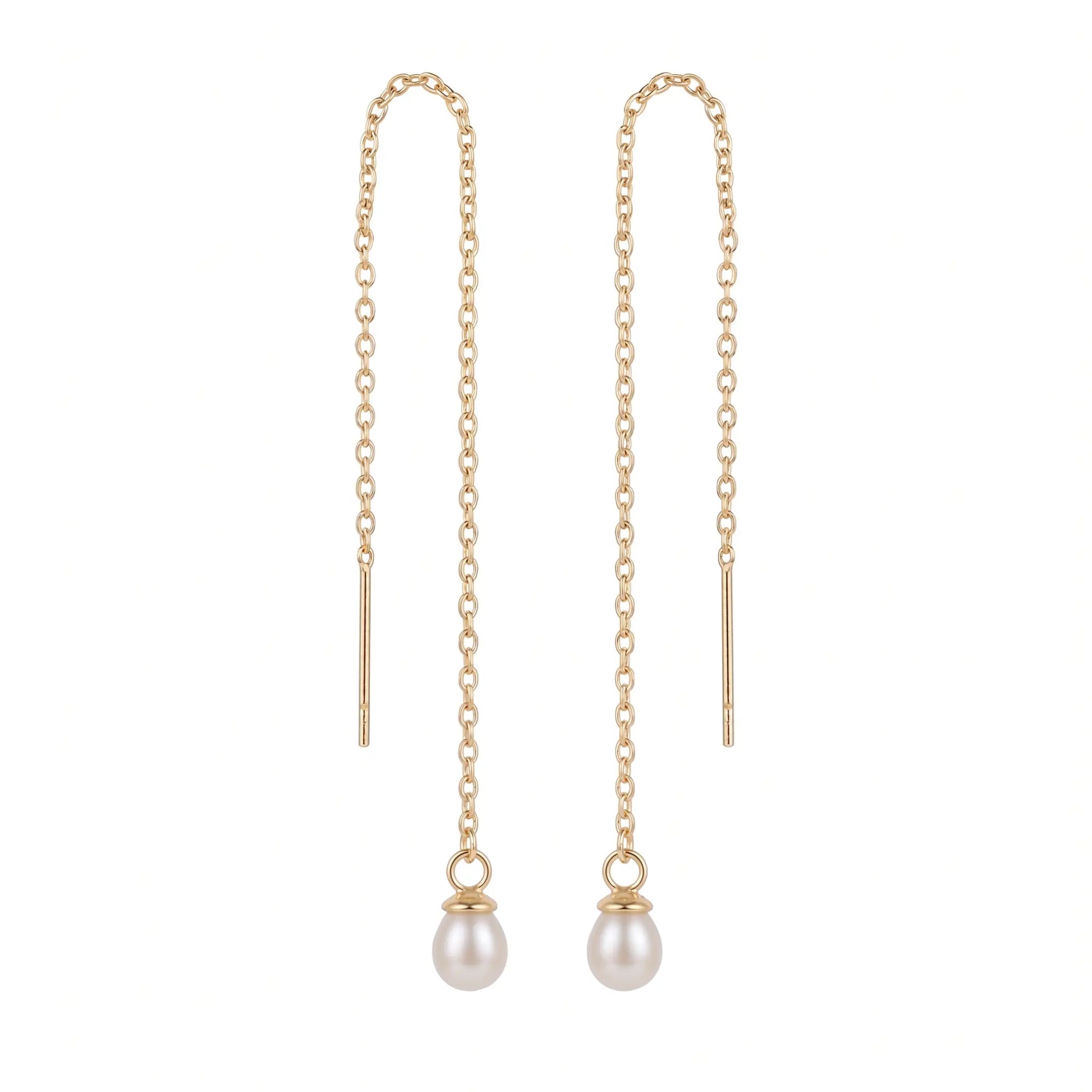 18K Solid Gold Tiny Rice Pearl Threader Earrings
