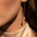 18K Solid Gold Tiny Rice Pearl Threader Earrings