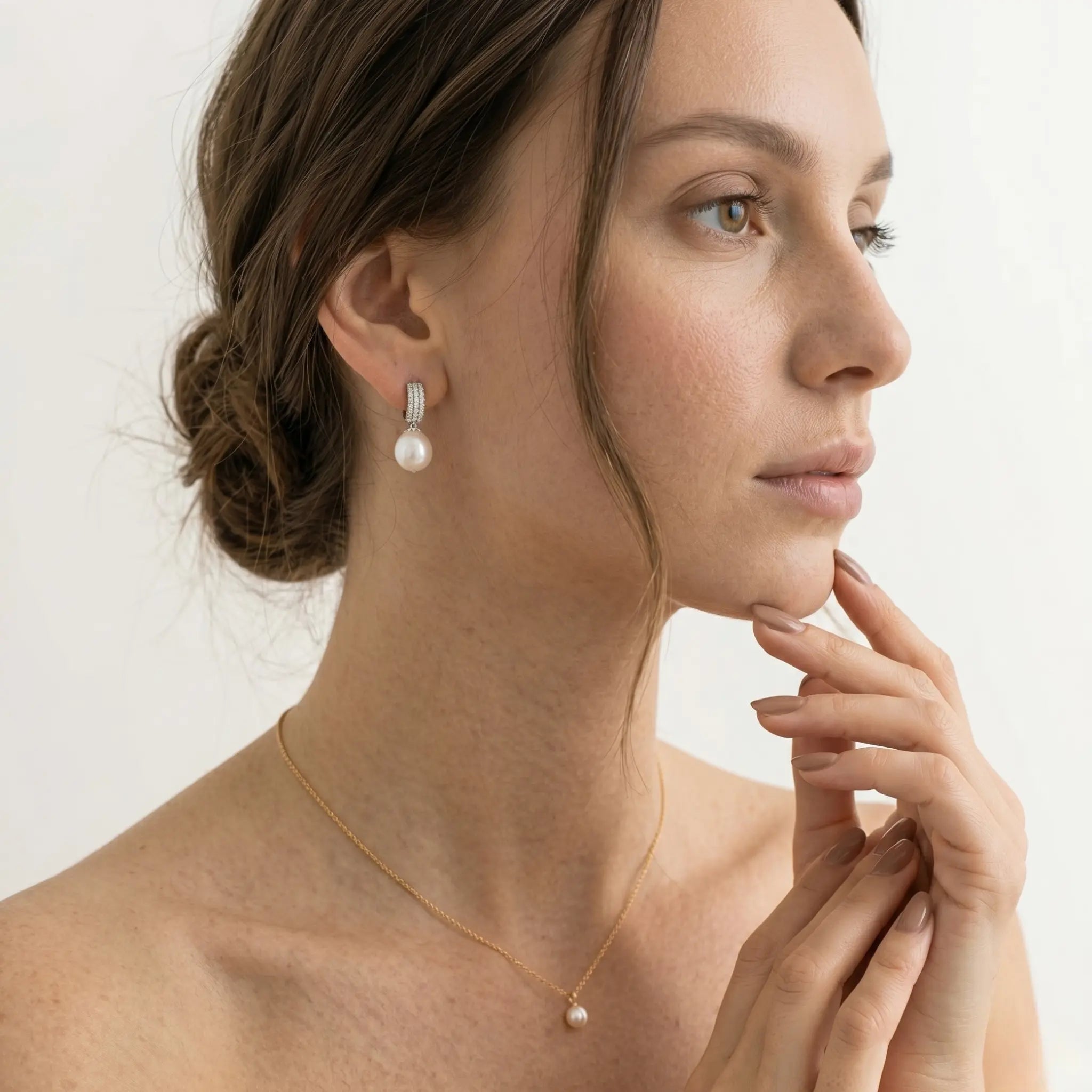 18K White Gold Sparkling Pavé White Pearl Drop Earrings, Bridal Wedding Dangle Earrings for Women