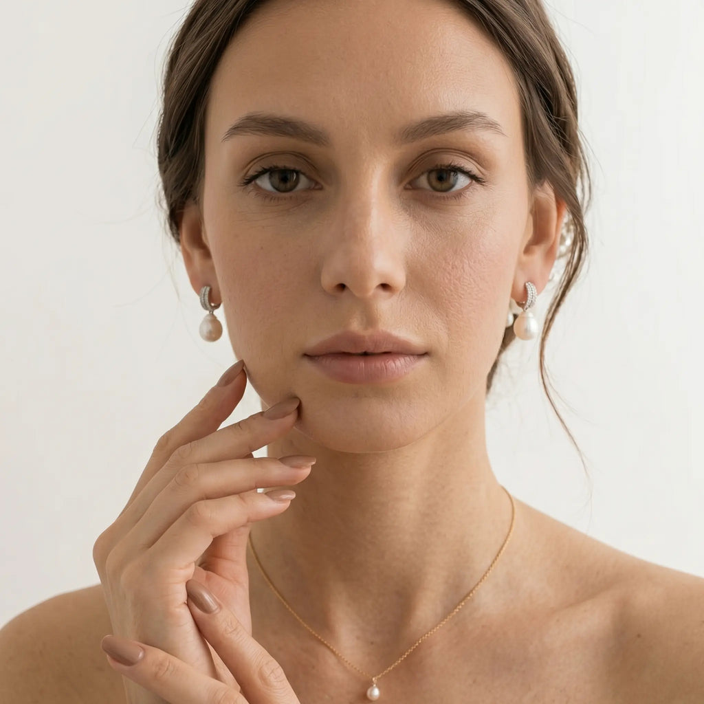 18K White Gold Sparkling Pavé White Pearl Drop Earrings, Bridal Wedding Dangle Earrings for Women