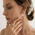 18K White Gold Sparkling Pavé White Pearl Drop Earrings, Bridal Wedding Dangle Earrings for Women