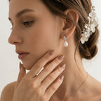 18K White Gold Sparkling Pavé White Pearl Drop Earrings, Bridal Wedding Dangle Earrings for Women