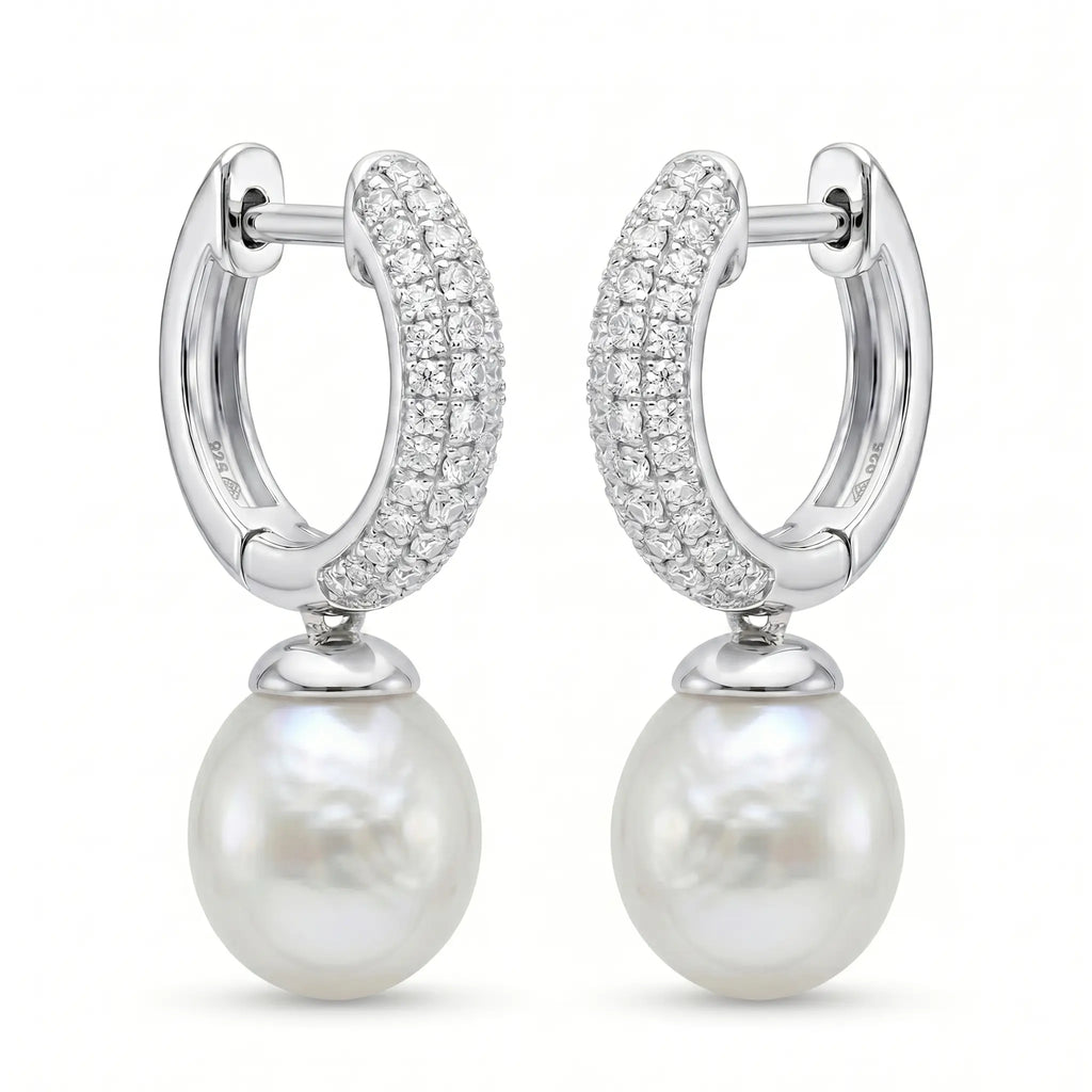 18K White Gold Sparkling Pavé White Pearl Drop Earrings, Bridal Wedding Dangle Earrings for Women